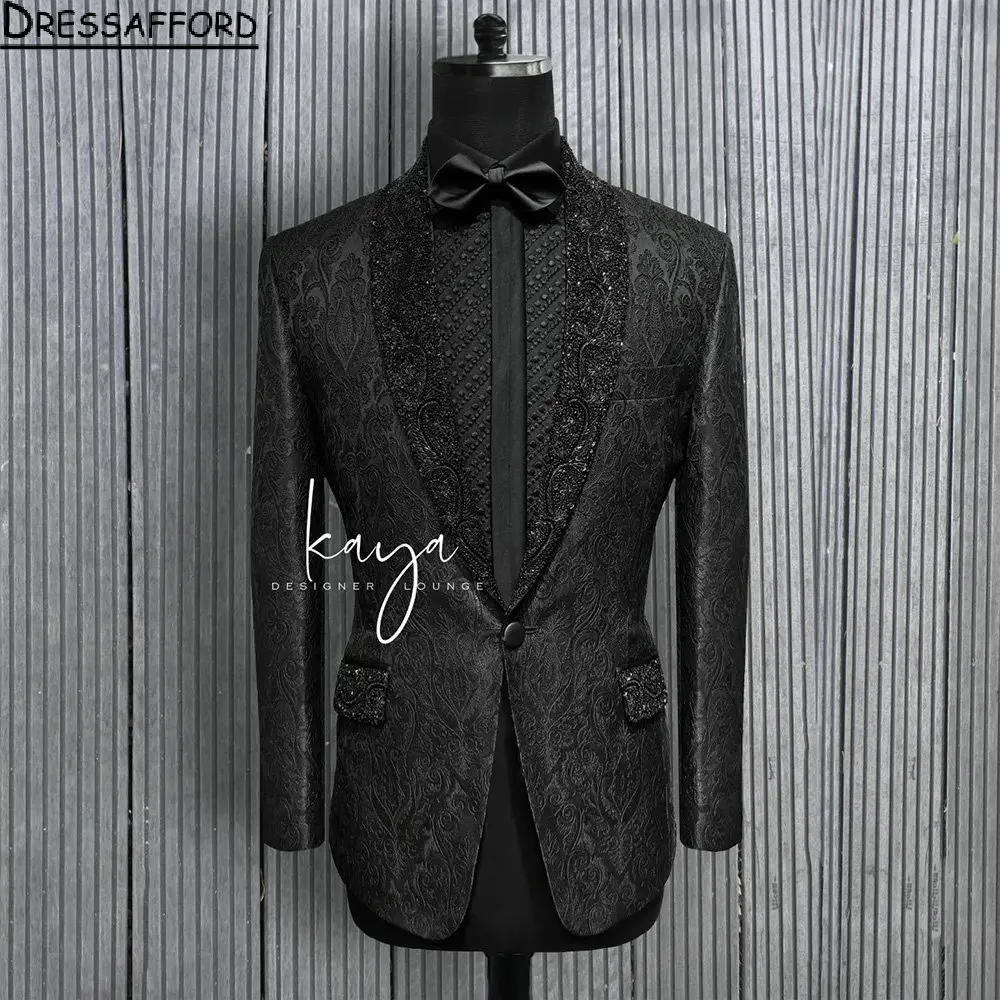

Black Beading Men Suits Jacquard Weave Groom Wedding Tuxedos 2 Pieces Sets Dinner Prom Blazers Terno Masculino Completo