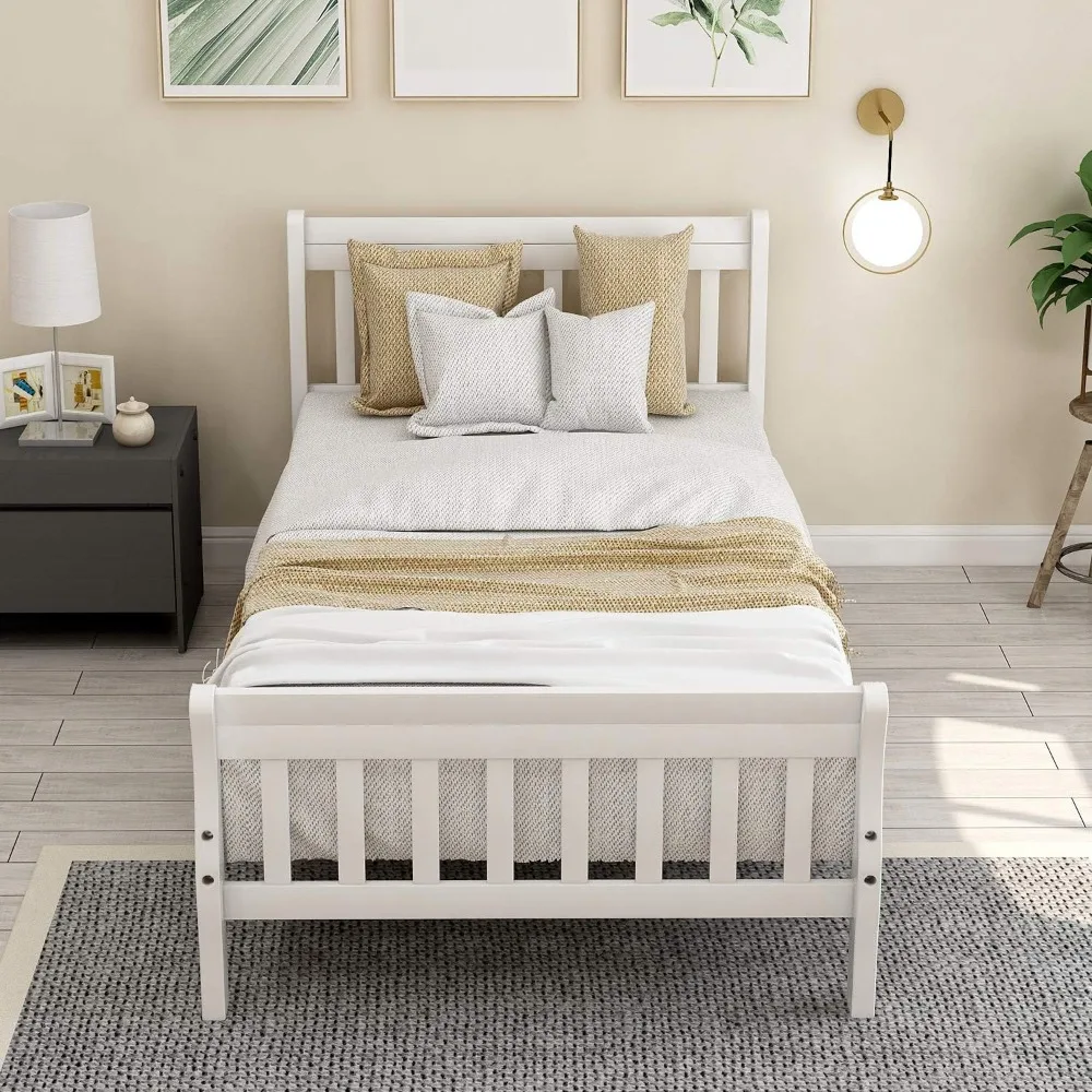 SOFTSEA Estructura de cama con plataforma doble con cabecero y pie de cama, estructura de cama de madera con listones de madera (gemelo, blanco)