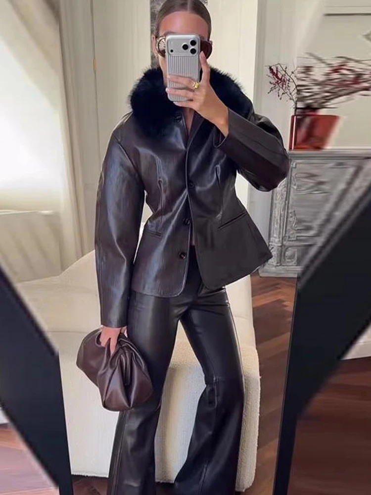 Women Faux Fur Collar Patchwork Leather Jacket Drop‑shoulder Single‑breasted Buttons Casual Coats Daily Vintage Trendy Outerwear