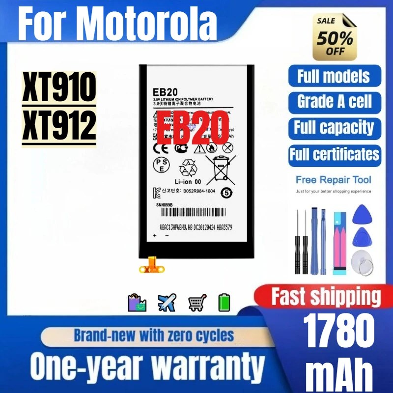 Batería EB20 para Motorola XT910/XT912, 0 Ciclos, Alta Calidad, Alta Capacidad, Repuesto de Grado A con Herramientas