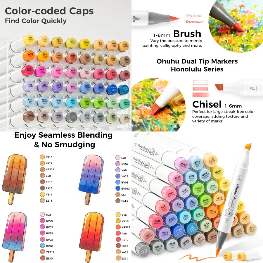 

Маркеры с кистью для спирта Ohuhu, 48 цветов среднего тона — набор художественных маркеров на основе спирта с двойным наконечником для художников, взрослых, раскраска, эскиз