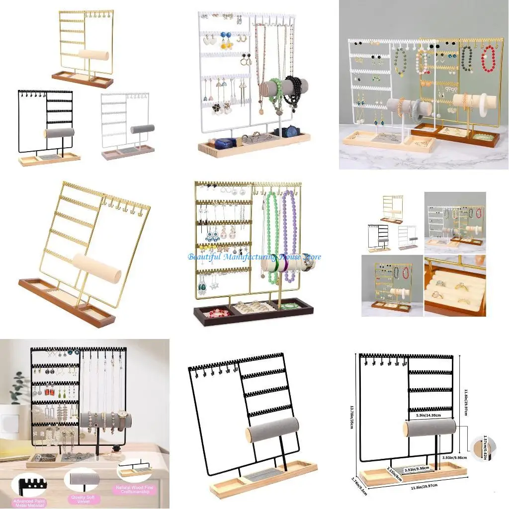 

E56A Sturdy Necklace Holder and Jewellery Display Stand with Flannel Rings Section for Bracelets Earrings Watches Black