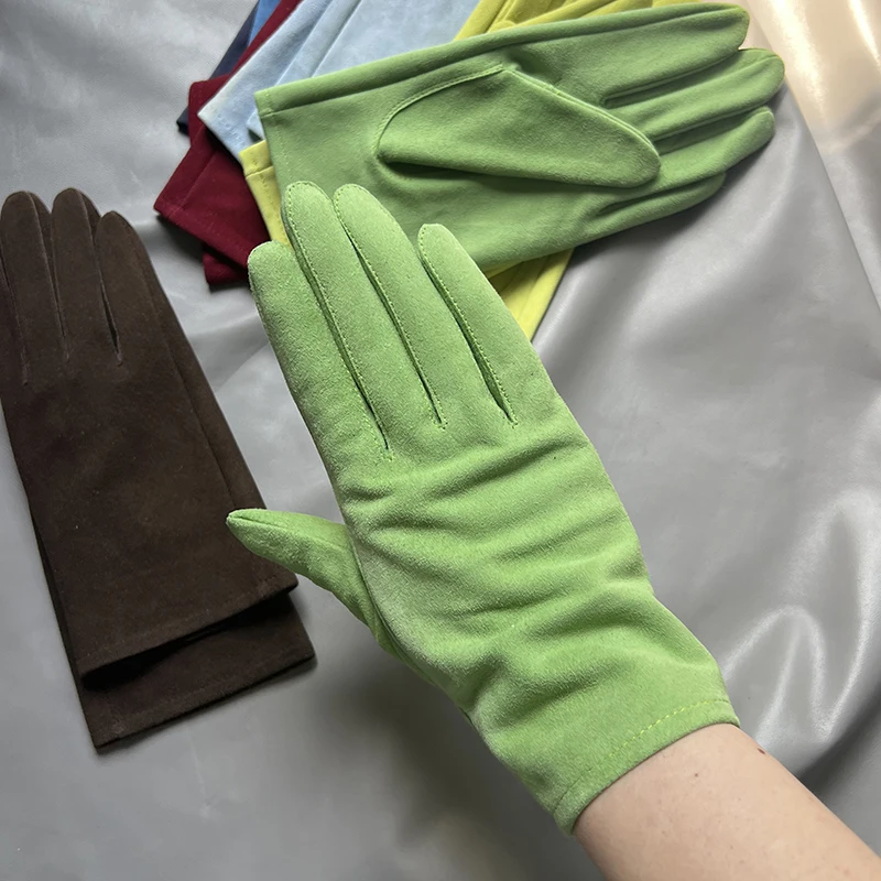 Women's Colored Suede Sheepskin Gloves Men's Natural Leather Gloves Sun-protective Driving Gloves Super Soft Five Finger Glove