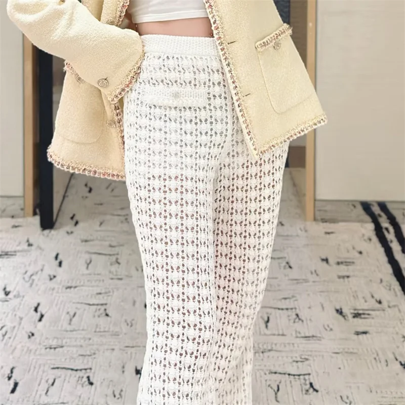 Women's New Fashion White Hollow-Out Knitted Flared Pants Crochet High-Waisted Pants view 2