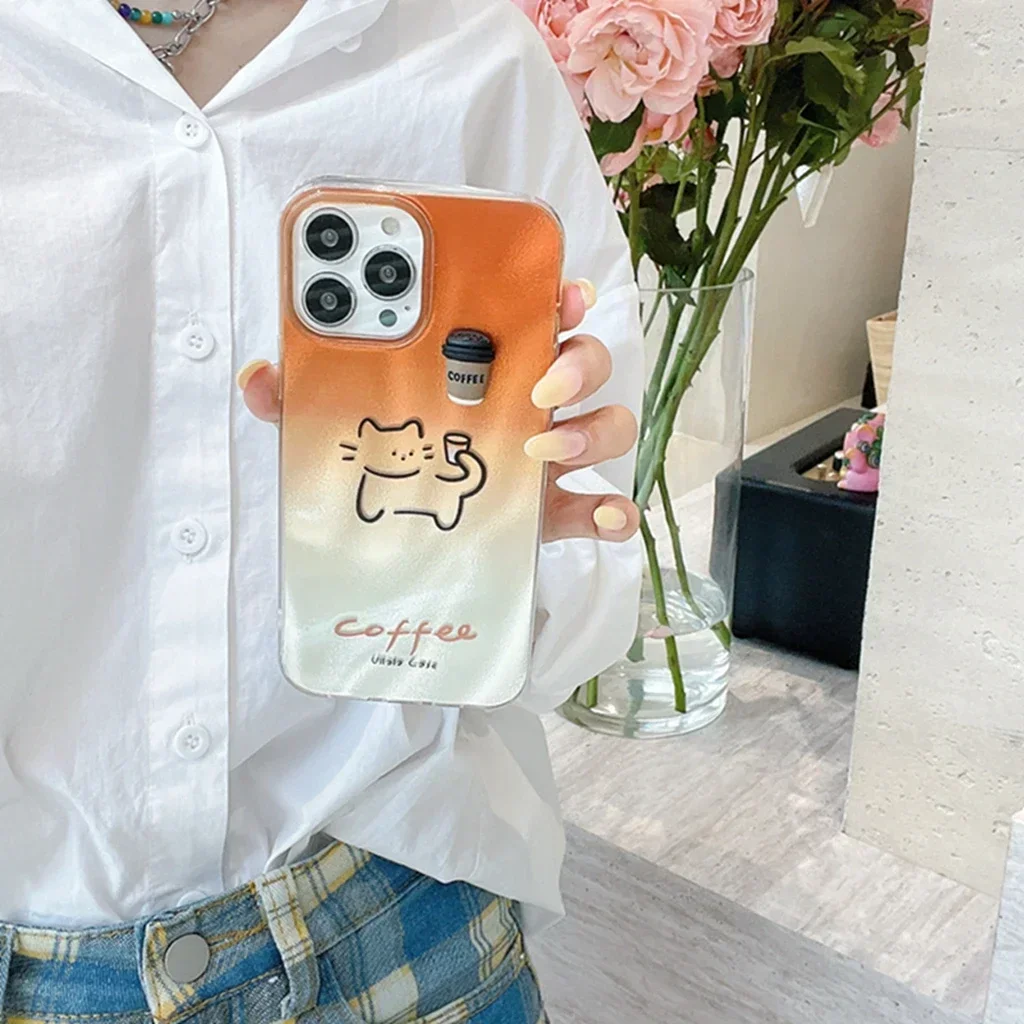 Illusion Color Gradient Stereoscopic Coffee Cute Line Cat Phone Case Cover Case For iPhone 15 14 13 12 11 Pro Max Plus