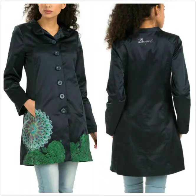 Foreign trade original single Spanish new printed black medium long trench coat