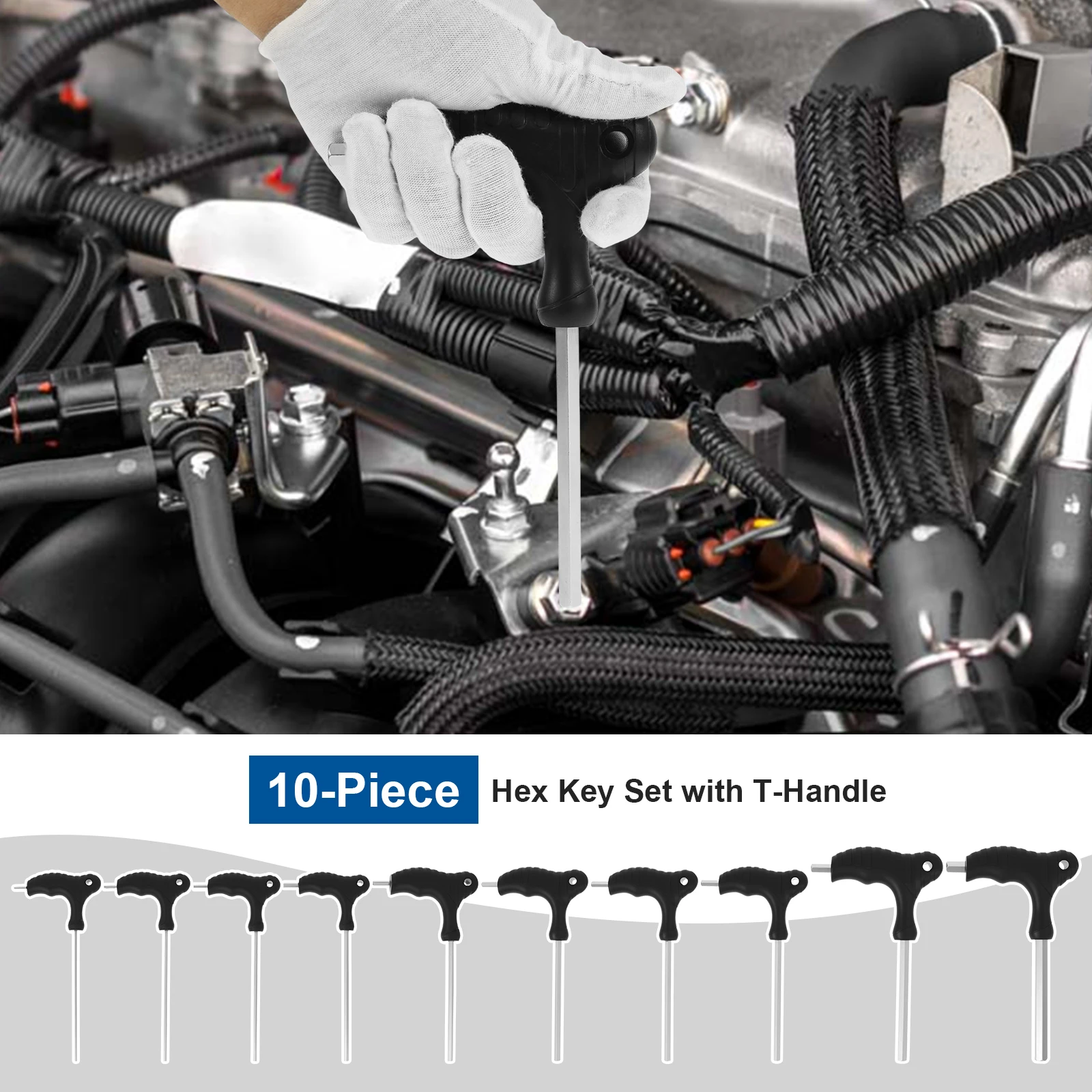 

10Pcs Hex Key Wrench Kit with T Handle Portable Long Arm Allen Wrench Sets with Storage Rack Spanner for Maintenance Repair Car