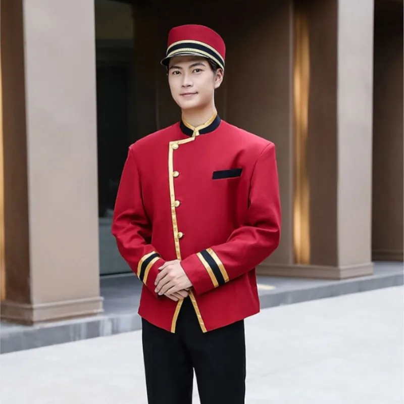 Men Red Hotels Receptionist Uniforms Doorman Suit Etiquette Welcome Hotel Waiter Clothes Jacket Pants Hat Work