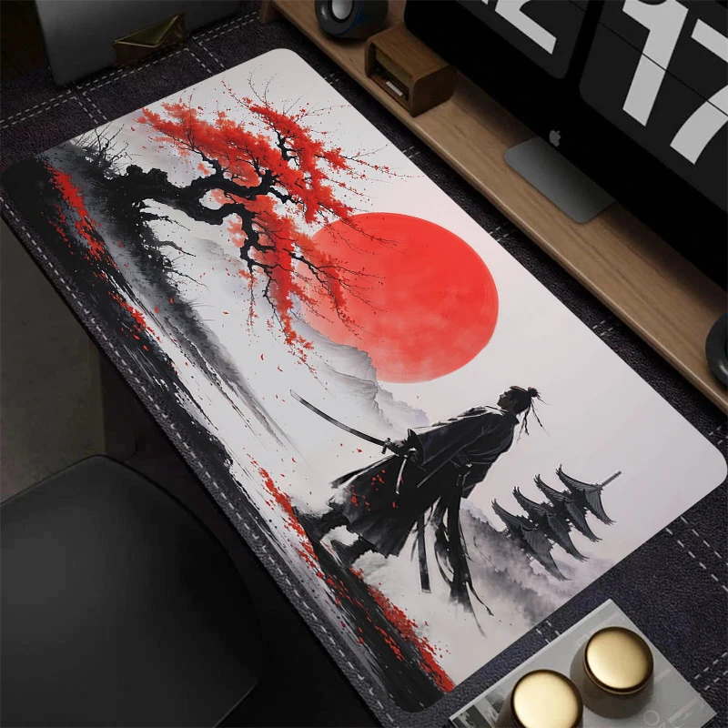 Japanese Ink Samurai Red Moon Cherry Blossom Extra Large Mouse Pad for Gaming, Office, Anti-Slip and Thickened Computer Desk Mat