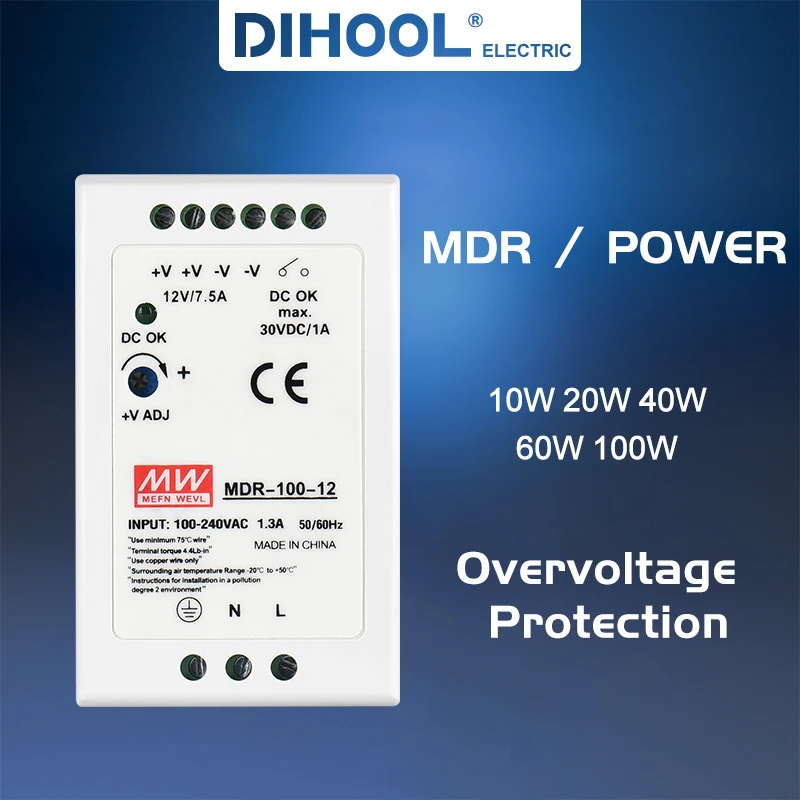 

MDR Power Switch Supply Type DC5V 12V 24V 48V Voltage AC110V 220V Input DC Control Electric Power 20W 40W 60W 100W DIN RaiL