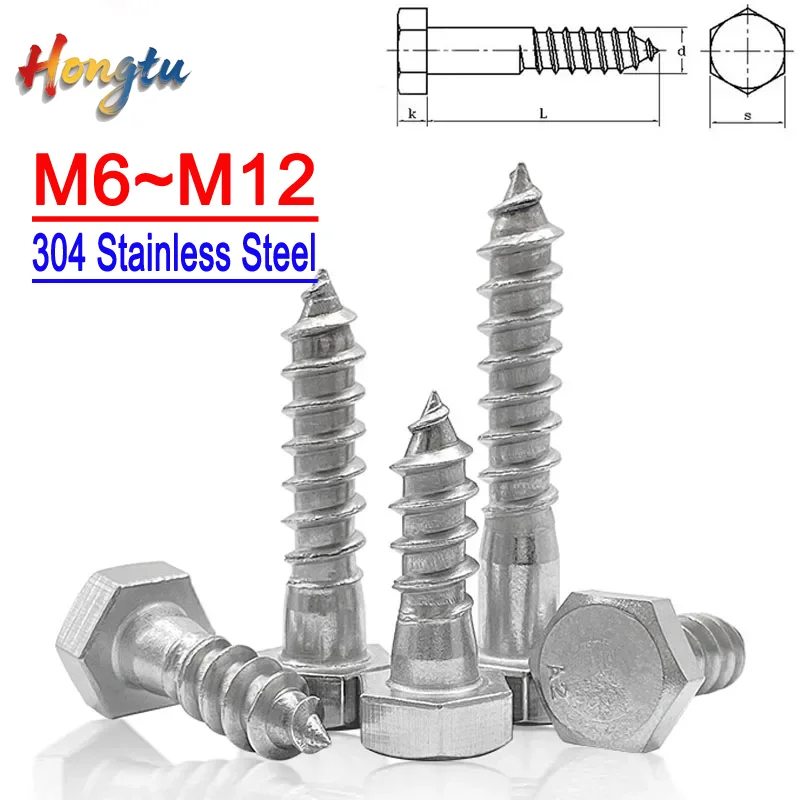 

Hongtu 304 Stainless Steel DIN571 Extended Hexagon Head Wood Screws - M6/M8/M10/M12 Sizes, 1-2 Pieces per Size