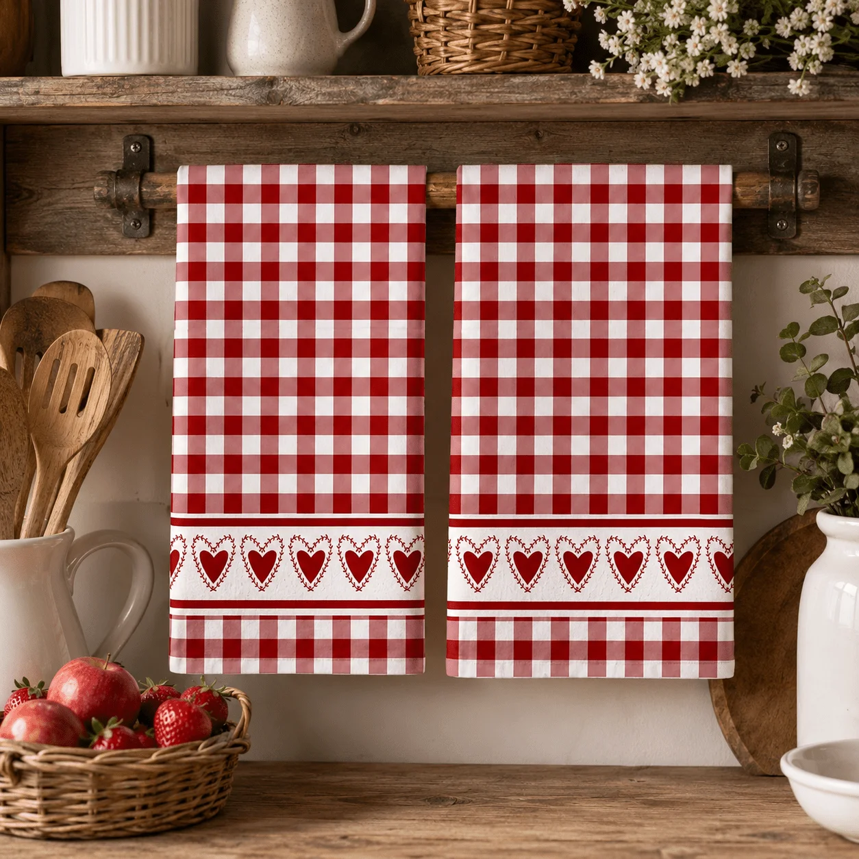 2-Pack simple red and white plaid love printed kitchen towel