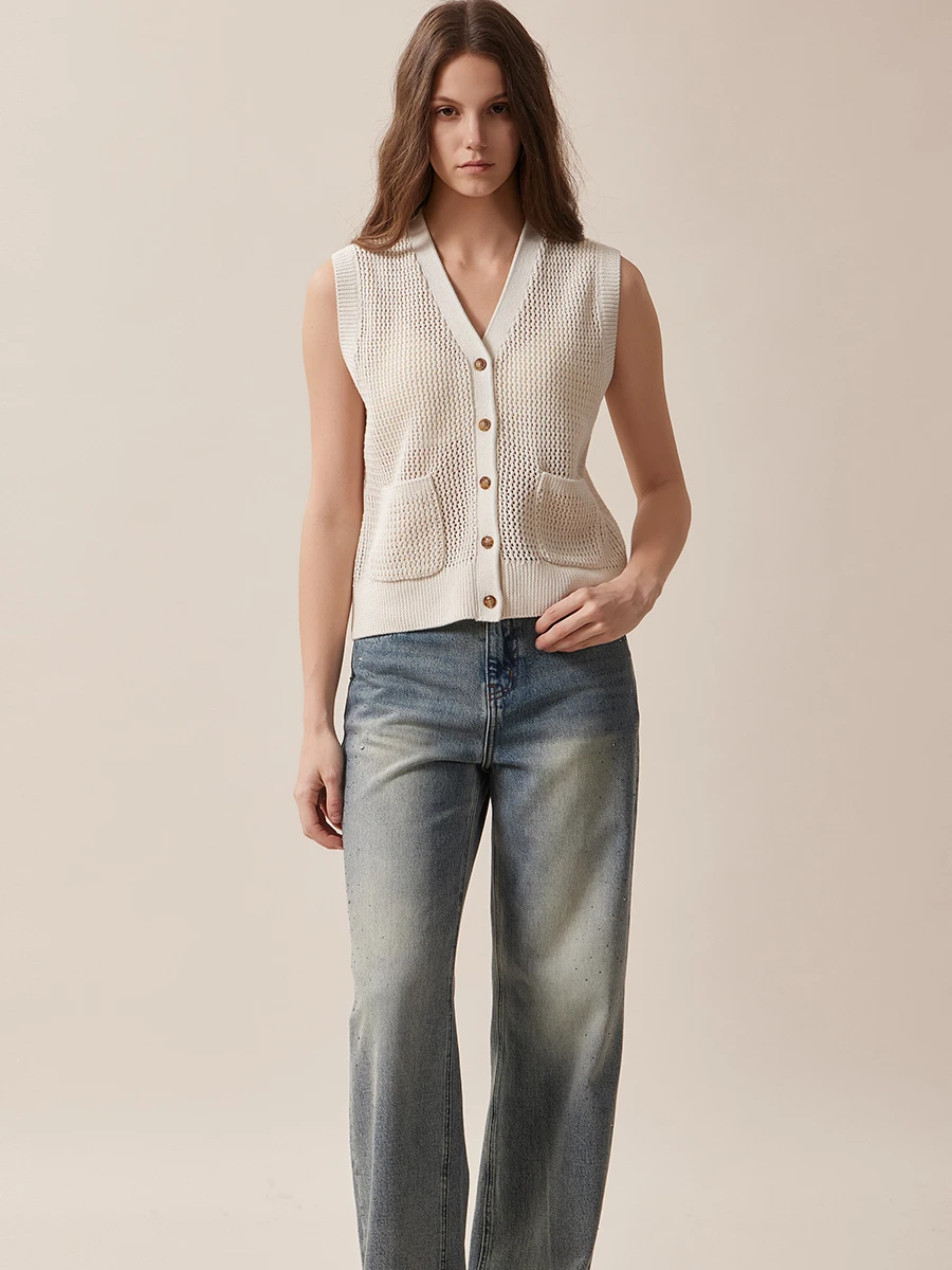 

Theease Comfortable Pure Cotton Glitter Rhinestone Vintage Sle Distred Blue Straight Leg Women's Casual Versatile Jeans