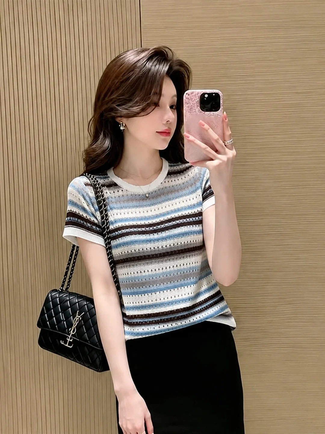 Laid-back Style round Neck Color Block Striped Hollow Knitted Top Short Sleeve Summer New Fashion Youthful Korean Straight Cut