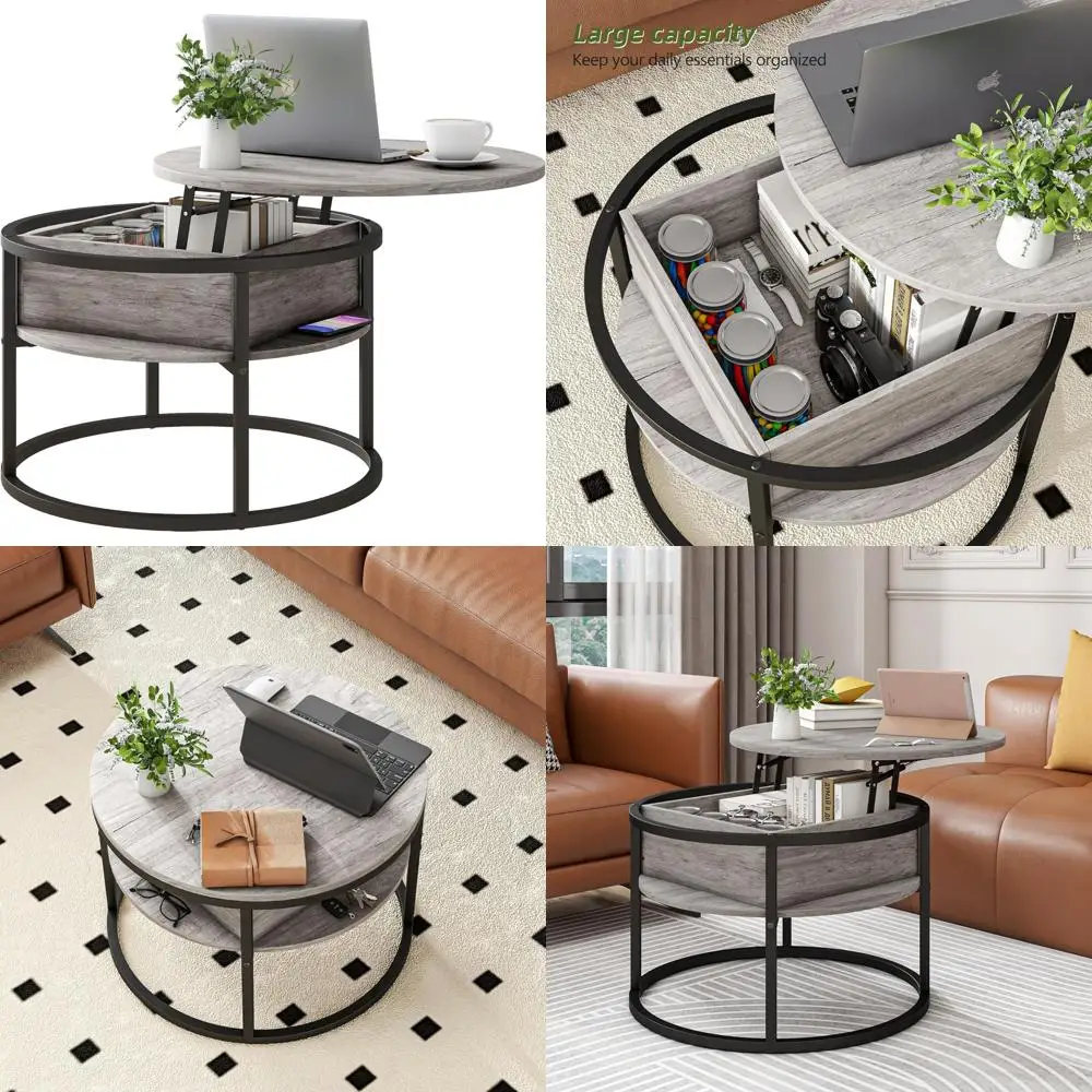 

Grey Storage Coffee Table with Lift Top for Living and Reception Rooms, Ideal for 2-Tier Small Round Dining Center