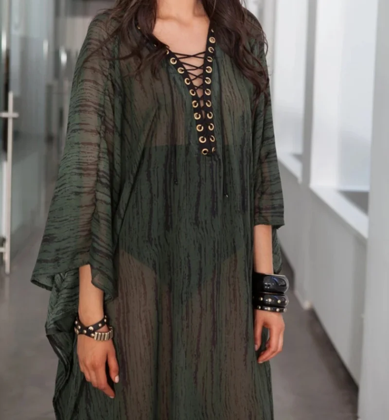 Boho Chic – caftan de plage transparent pour femmes, fantaisie, à lacets, col en v, Maxi, Cover-Up, fluide, vêtements de plage d'été