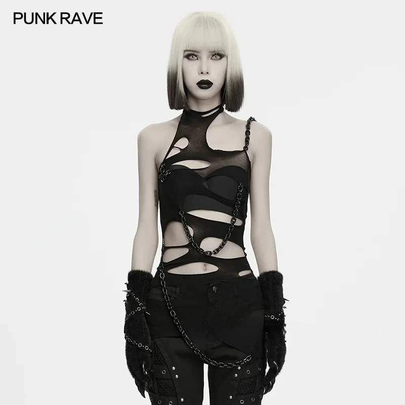 PUNK RAVE Women's Sexy Ripped Chain T-shirt High-stretch Fit Short Irregular Ripped  Rebellious Street-style Spicy Girl Tank