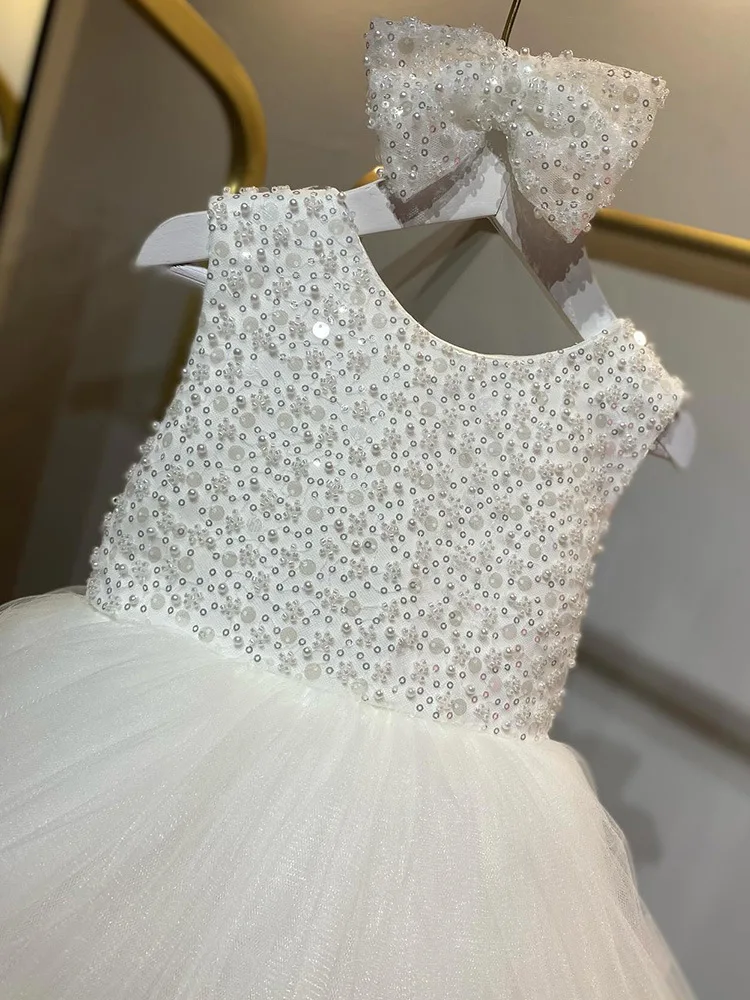 Precioso vestido de lentejuelas brillantes para niños, perla, pluma, princesa blanca, boda, niña de las flores, bebé, fiesta de cumpleaños, vestido de cola