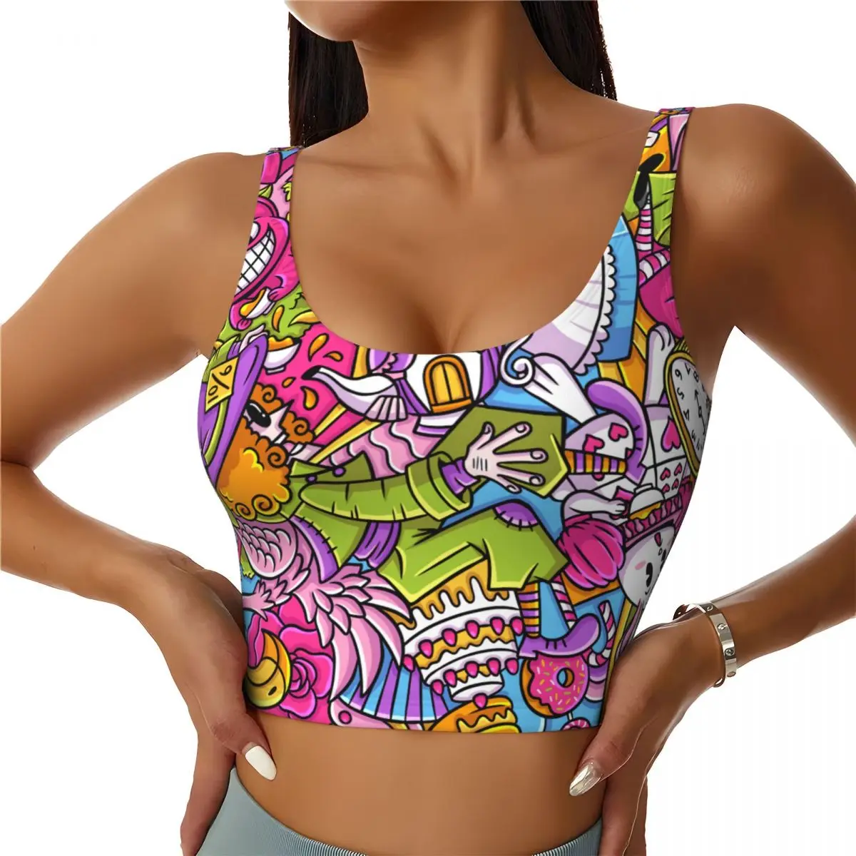 

Custom Women Alice In Wonderland Manga Sports Bras Cheshire Cat High Impact Gym Workout Yoga Crop Tank Tops