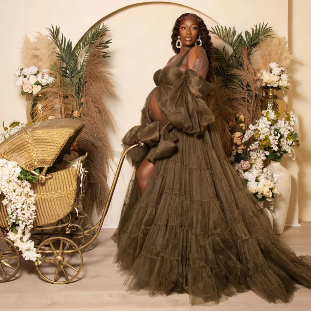 

Plus Size Prom Dresses Tulle Pleat Maternity Dress Customized Layers vestido de novia Long Sleeves Photography Props