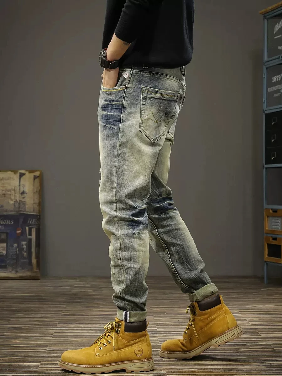 Italian Style Fashion Men Jeans Retro Elastic Slim Fit Ripped Jeans Men Stretch Vintage Trousers Casual Designer Pants Hombre