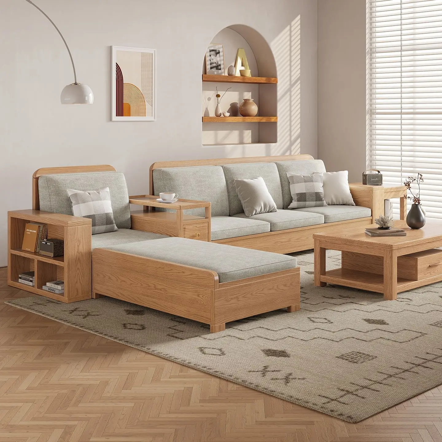 Ash wood solid wood sofa combination living room size apartment winter and summer dual-purpose storage sofa