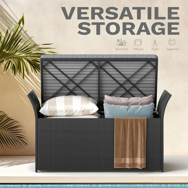 مقعد تخزين خارجي سعة 90 جالونًا، صندوق سطح من الخيزران مع وسادة، مقعد خارجي لتخزين الفناء، ساحة، حمام السباحة، الحديقة، أسود ورمادي