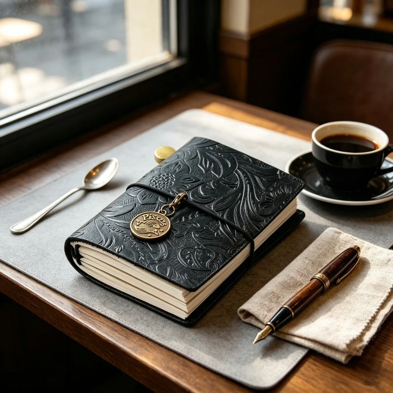 1Pc Vintage‑Pattern Mini Notebook, faux leather embossed with clock charm & strap, multi‑color for notes and travel journal