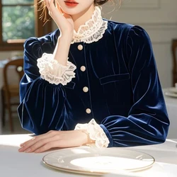 New Blue Velvet Lace Patchwork Temperament Shirt Tops Spring Autumn Long Sleeve Solid Elegant Blouse Fashion Trend Women Clothes