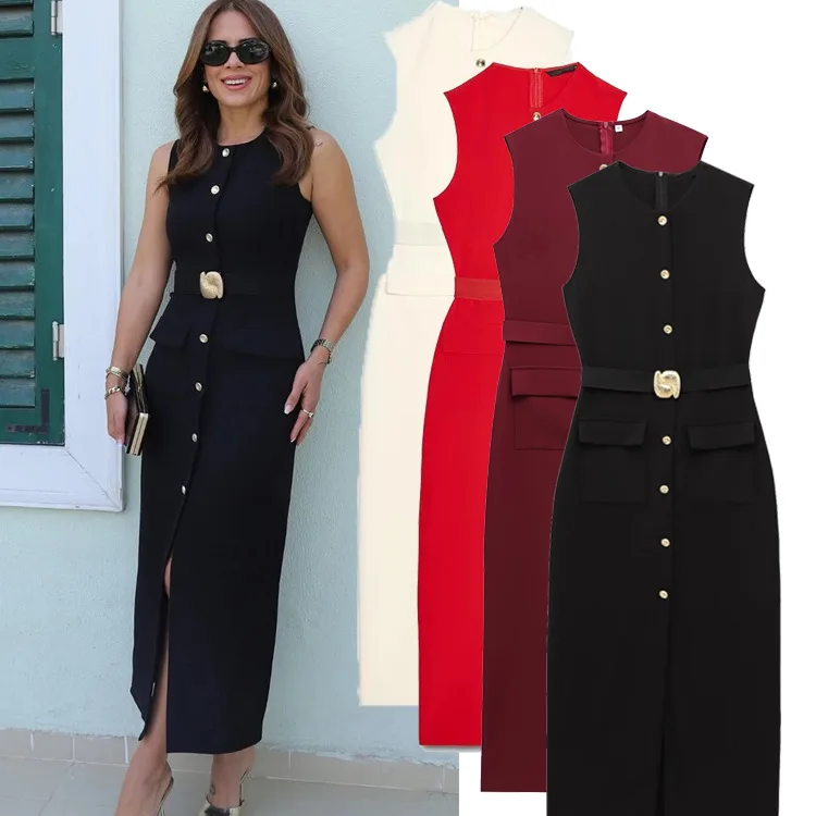 

2025 Crew Neck Spring New European and American Style with Belt Sexy Style Sleeveless Midi Dress Women's Clothing American Style