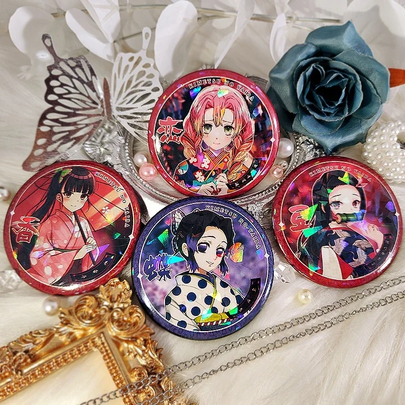 

Badge Anime Demon Slayer Kamado Nezuko Kochou Shinobu Kanroji Mitsuri Cosplay Laser Brooch Pendant Q Version Emblem Ouch Game