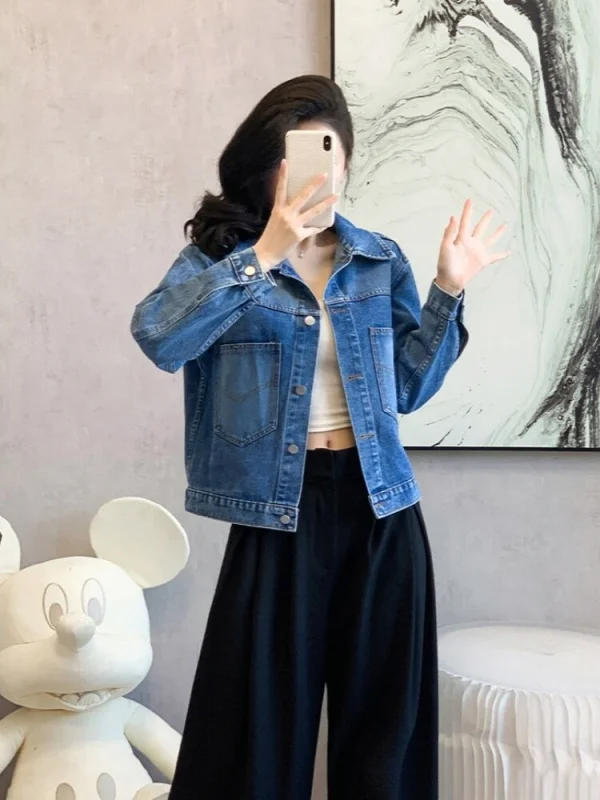 Simple Blue Cotton Denim Jacket Women's Short Style Spring Autumn New Arrival Commute Style Loose Fit Button Embroidery Pocket