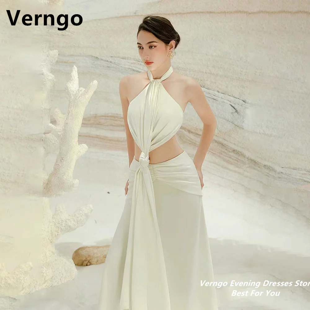 

Verngo Halter Sleeveless A Line Dress For Women 2024 Long Evening Dress Pleat Pearls Zipper Cut Out Sexy Prom Gown