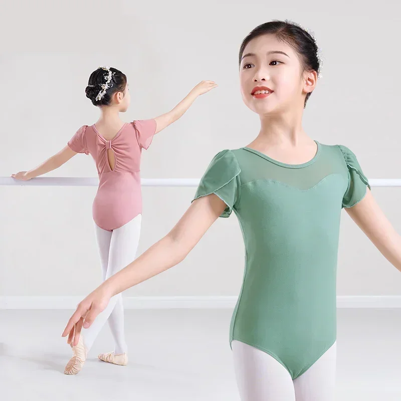 

Kids Ballet Leotard Short Sleeve Toddlers Girl's Leotard Mesh Splice Dance with Bow Tie for Ballet Rhythmic Training