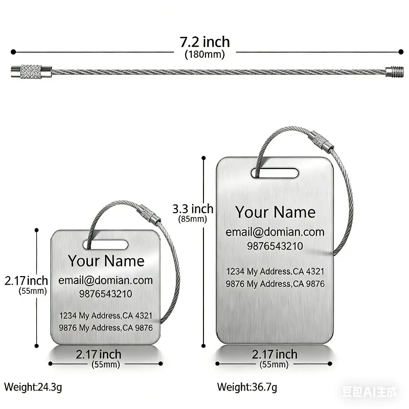 Laser Customized LOGO Stainless Steel Luggage Tag Backpack Keychain Personalized Travel Card ID Tag Steel Wire Pendant