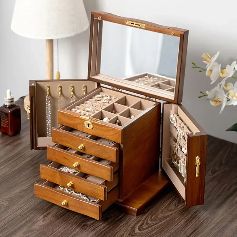 Solid wood jewelry box Large capacity wooden necklace Earrings Ring storage jewelry box Multi-layer Chinese wedding gift
