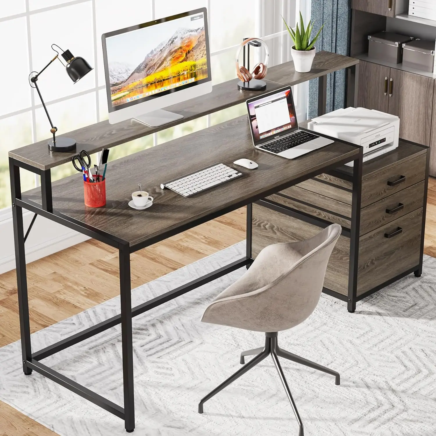 Tribesigns 63 Inch Computer Desk With File Drawer Cabinet, Ergonomic Office Desk With Monitor Stand, Industrial Computer Table