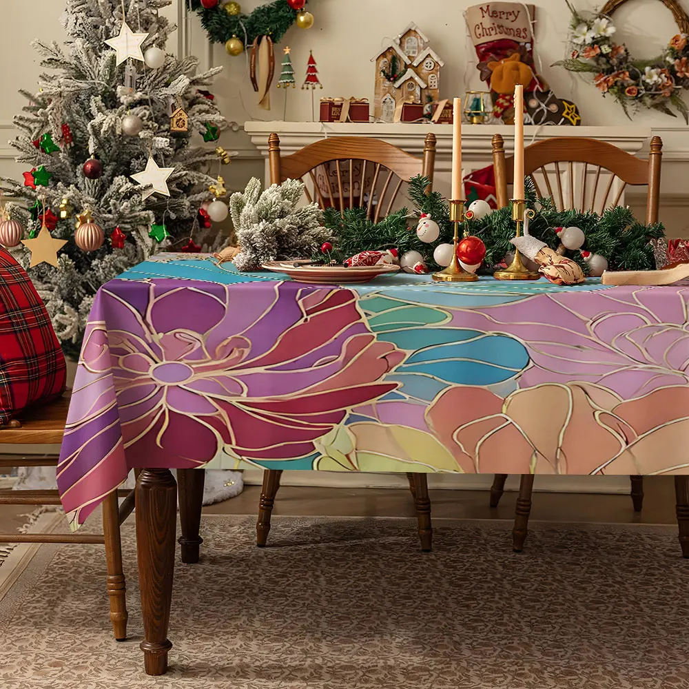 Gold-Lined Floral Wave Art Waterproof table cloth, splash-proof tablecloth, for party, Halloween, Christmas, dining, camping