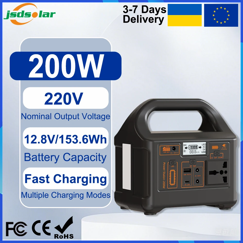 Portable Power Station with 153.6Wh LiFePO4 Battery, 200 W Efficiency, Solar Power Generator for Camping and Field Storage.