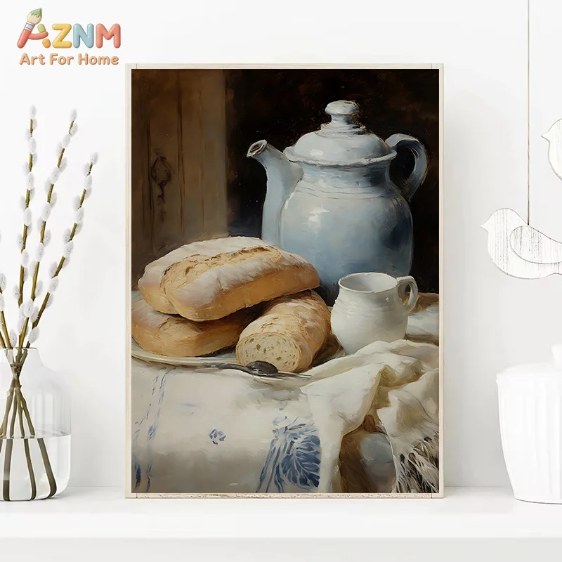 AZNM Vintage Bread Still Life Canvas Wall Art Rustic Bakery Flour Milk Print for Kitchen Home Decor No Frame