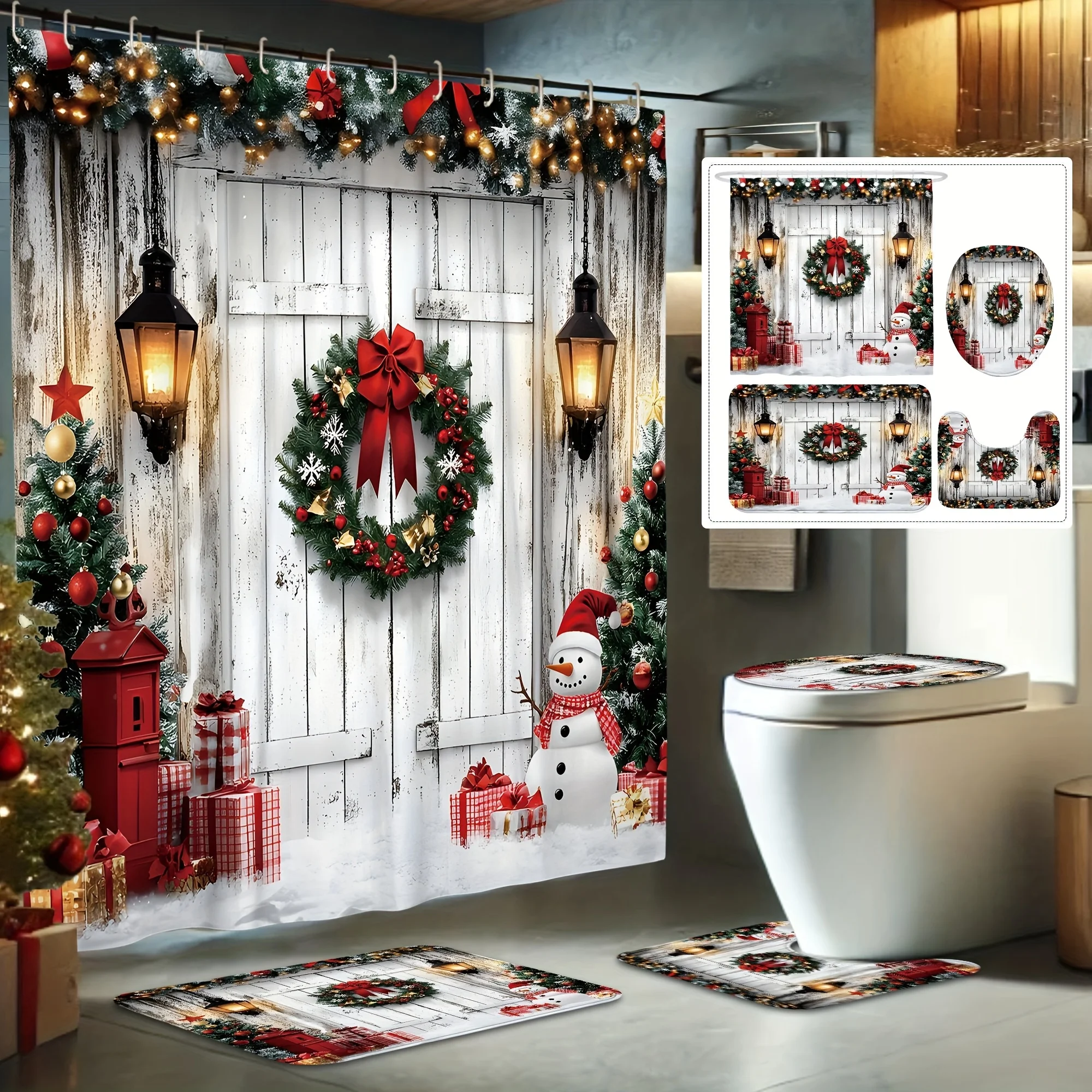 4Pcs Xmas Shower Set, Wreath Bow Snowman Gift, Farmhouse Red Green, Holiday Bath Decor, 12 Hooks, Non-Slip Mat, U-Shaped Cover