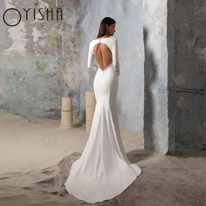 OYISHA Satijn Zeemeermin Trouwjurken V-hals Lange Mouwen Rukless Bruidsjurken Voor Vrouw Appliques Exquise Vestido De MariagesOYISHA Satin Zeemeermin Bruidsjurken V-hals Lange Mouwen Backless Bruidsjurken Voor Vrouw Ap