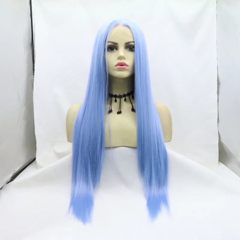 

Hand-crocheted front lace of Nezha and Ao Bing in light blue, anime cosplay synthetic long straight hair full wig.