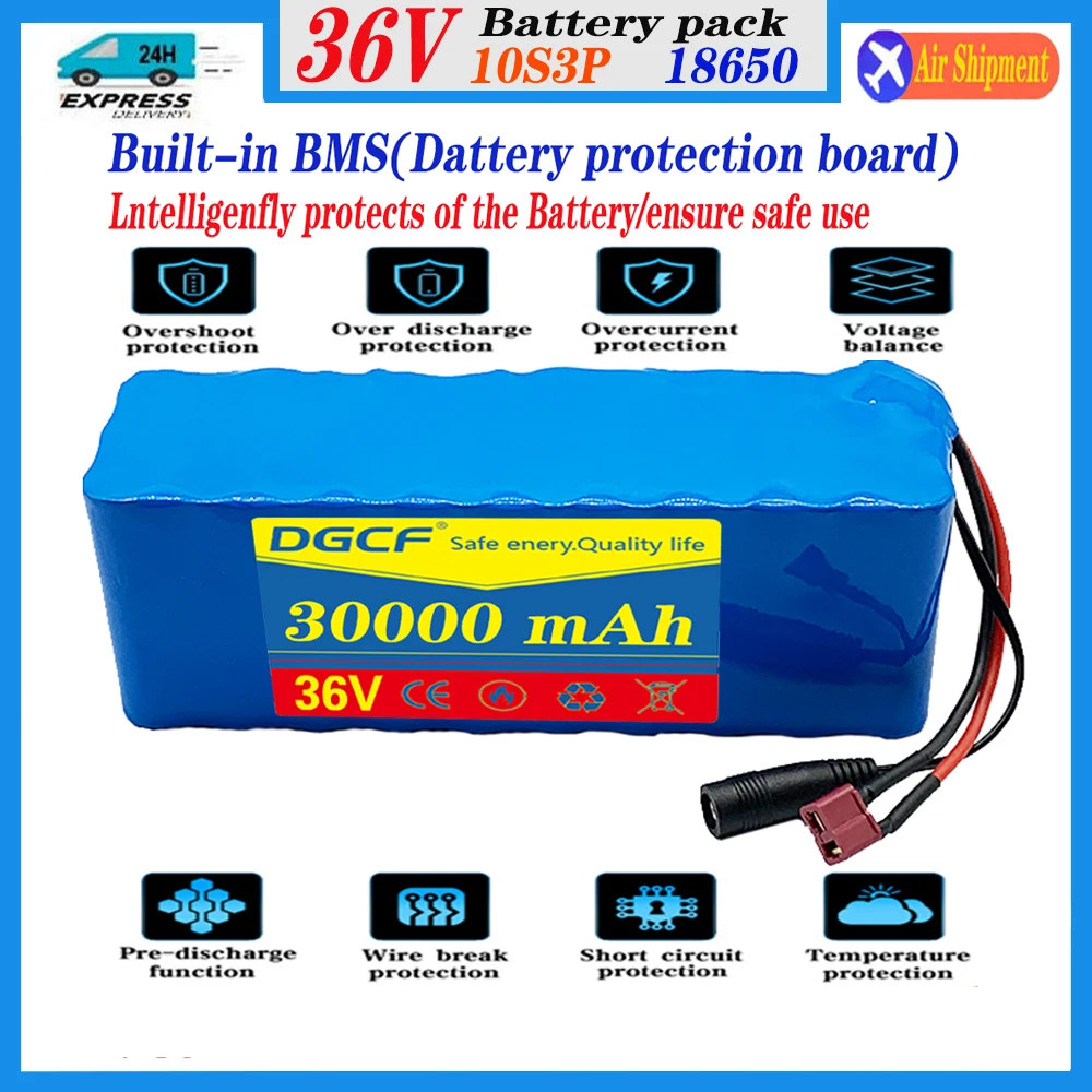 18650 Rechargeable Lithium Battery Pack 36V 30Ah 10S3P 500W Power Bicycle Scooter Electric Vehicle with Waterproof B