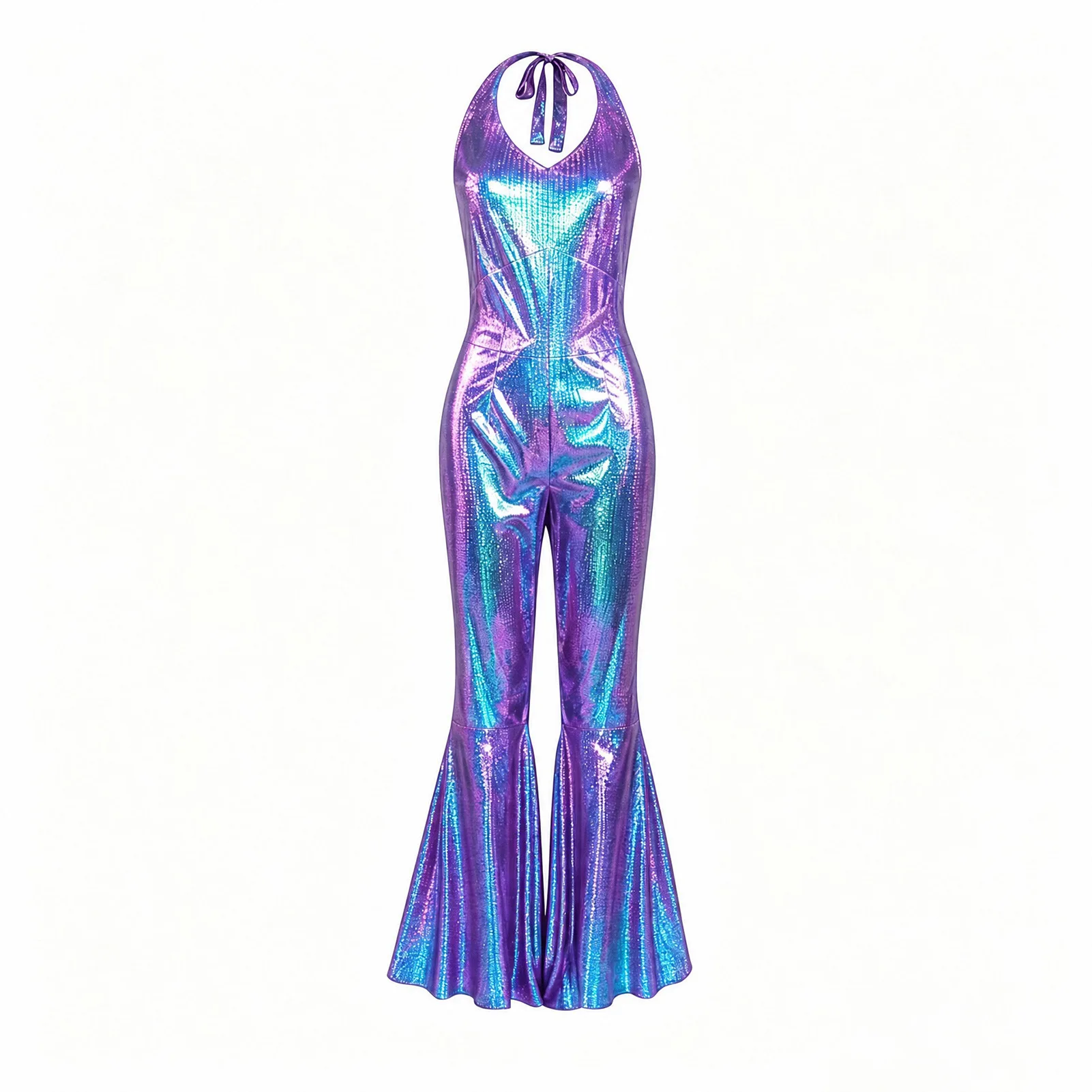 Funkelnder Metallic-Discobodysuit für Damen, ärmellos, mit V-Ausschnitt, rückenfrei, Schlaghose, 70er-Jahre-Nachtclub-Bühnen-Cosplay-Outfit – Detail 22