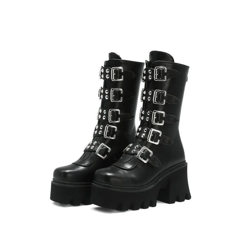 2024 Brand Punk Women Boots Ladies Cosplay High Boots Comfort Long Tube Leather Boots Platform Wedges Women Shoes Gothic Style