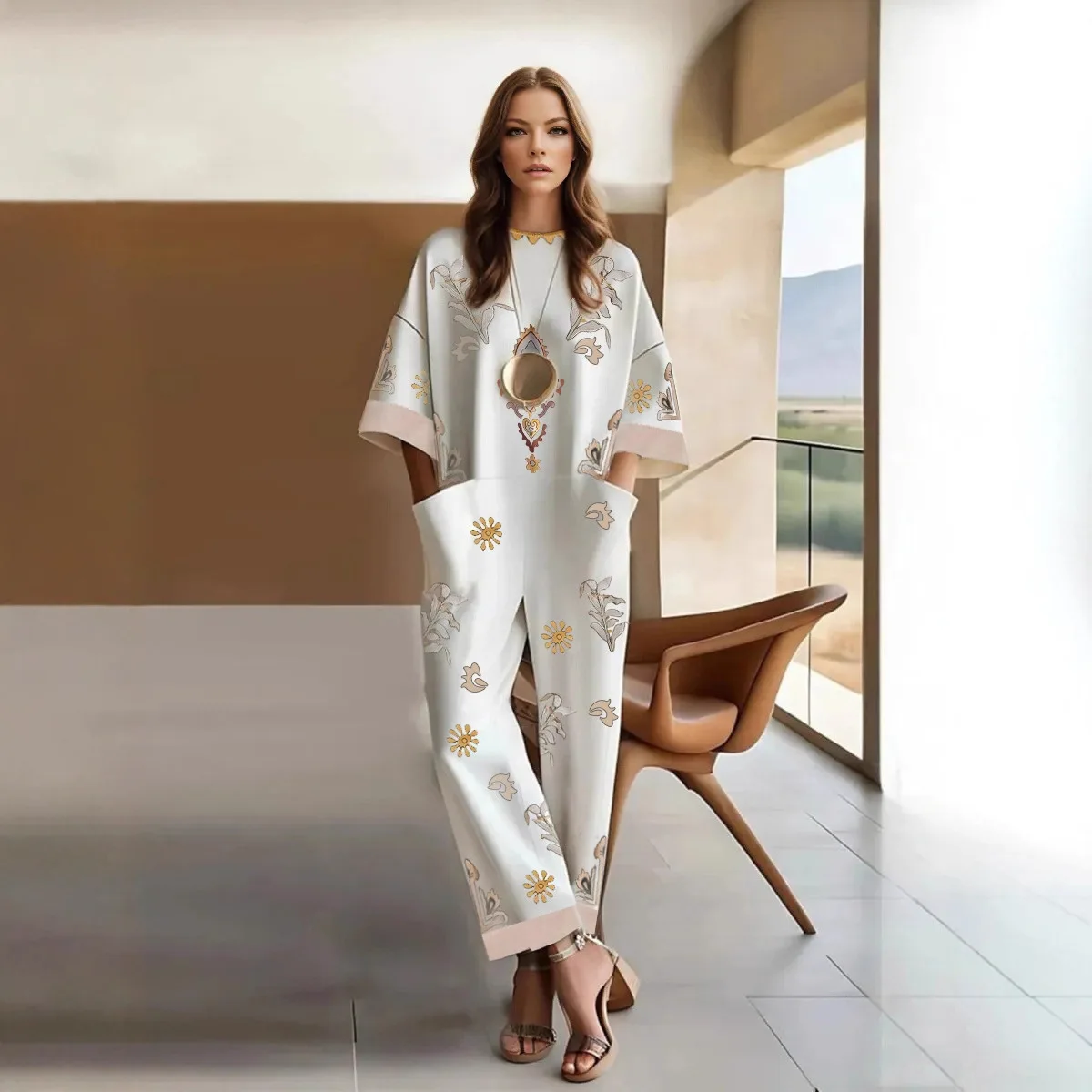 Elegante pantalone a gamba larga tuta mezza manica girocollo modello retrò tasche stampate pagliaccetti larghi abiti larghi casual chic