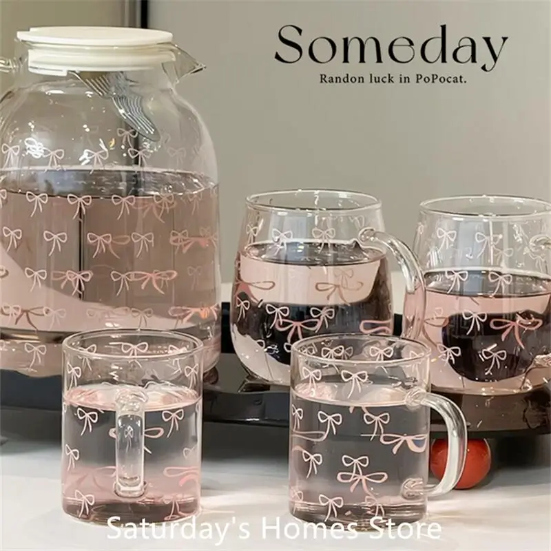 Bow  Patter  Water Glass Bottle Teapot Glass Cup with Bow Handle  Heat Resistant Glass Lover Tea Sets Kettle Water Cup Bottle