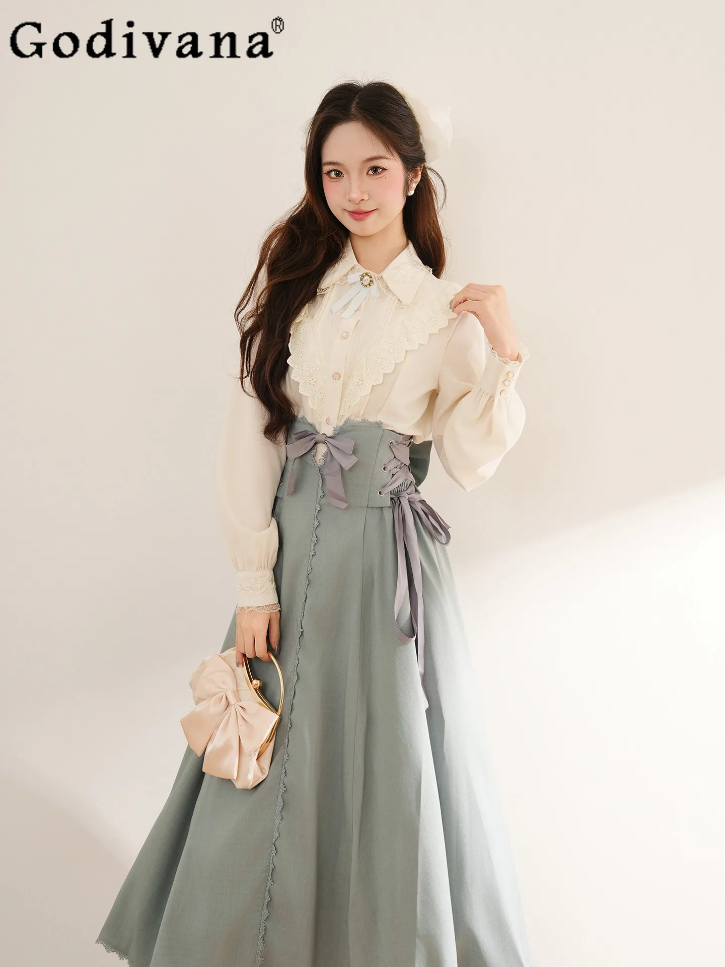 

Japanese Retro Elegant Lady Long-sleeve Shirt Set for Women 2026 Spring Waist-cinching Slimming Stylish Two-piece Skirt Set