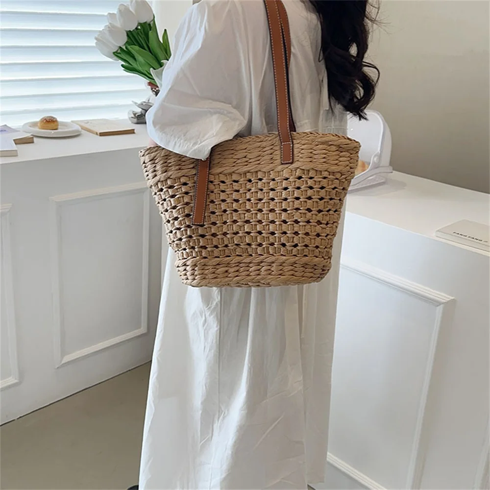 Women\'s Straw Weave Bag Boho Hollow Design Summer Large Capacity Bucket Handbag Rattan Weave Handmade Craft Tote Basket